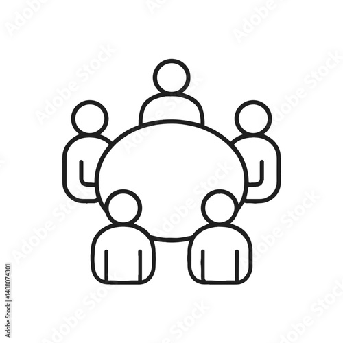 Line icon of round table discussion with five participants, symbolizing multilateral diplomacy and international negotiations