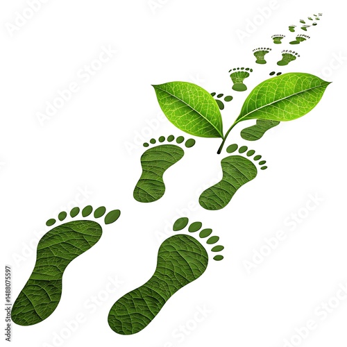 Carbon footprint reduction – Footprints transforming into green leaves as they move forward.