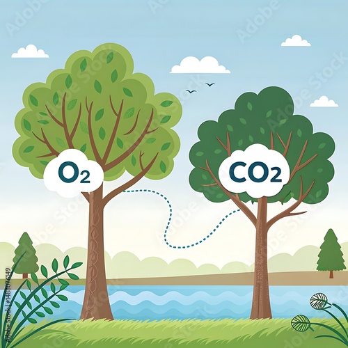 Clean air and water graphics – A flat-design illustration of trees filtering air, showing 
