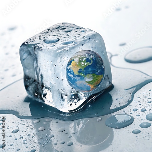 Climate change action – A melting ice cube with a tiny globe, highlighting global warming.