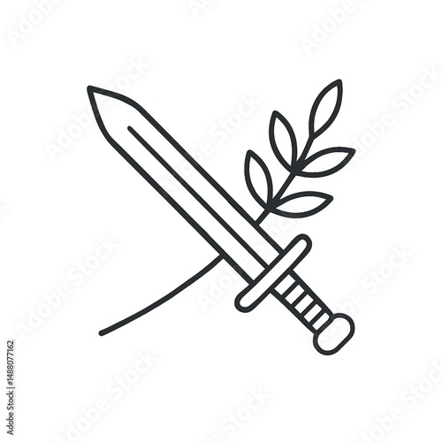 Line icon of sword crossed with olive branch, symbolizing conflict and peace balance in international diplomacy