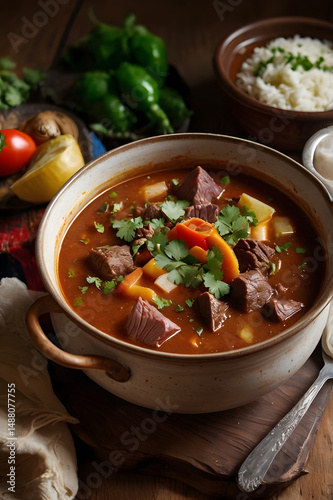 Seco goat stew slow-cooked in cola or beer, traditional Latin American exotic dish, rich flavors, slow-cooked meat, authentic regional cuisine, vibrant hearty meal
