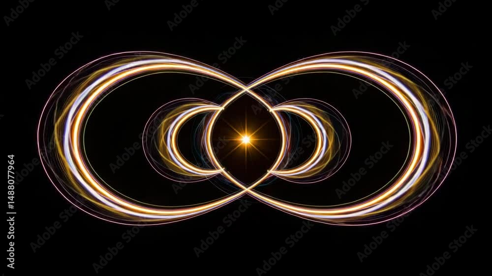 Loop animation of two intertwined glowing infinity loops in orange, blue, and purple hues with a bright central light burst. Perfect for abstract, sci-fi, or tech visuals.
