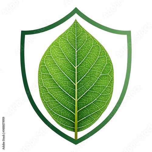 Nature protection concept – A single leaf forming a shield icon, symbolizing protection of nature.