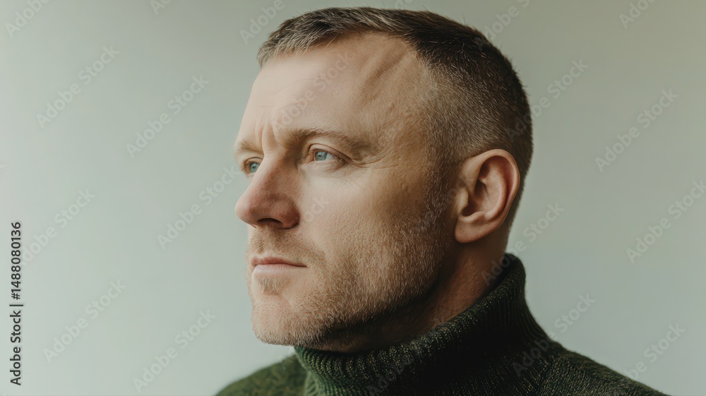 Fototapeta premium Side Profile Portrait of a Man with Glitter on his Face Wearing a Green Turtleneck Sweater