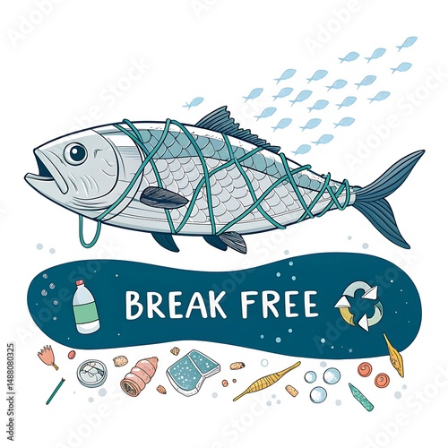 Plastic-free movement – A fish tangled in plastic with “Break Free” written in a clean modern style.