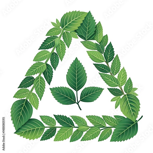 Recycling symbol  – A creative take on the recycling triangle, made of plant leaves instead of arrows.