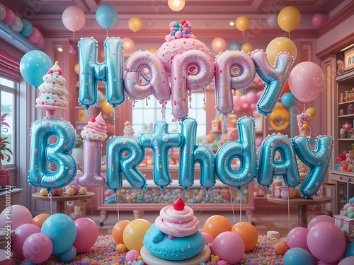 Ice cream-themed “Happy Birthday” font with balloon animals, candy shop background. Festive decoration for birthday, party. Letters, balloons.