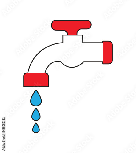 Water Tap Icon with Water Drops, color symbol, isolated on white background, vector illustration.