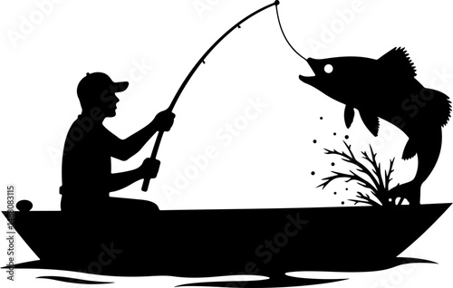 Fisherman Catching Big Fish Silhouette Vector with Mountain Lake Scene"