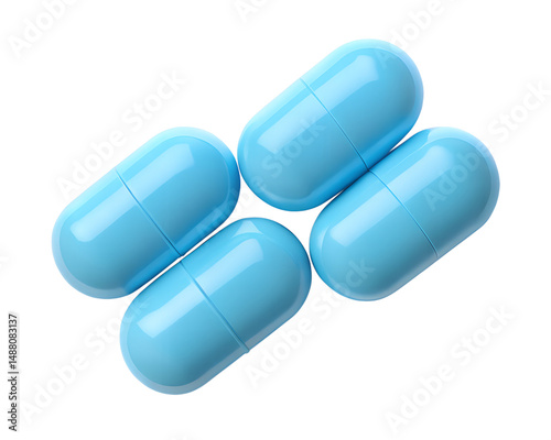 four piece lite blue color pills top view isolated on white background. PNG Transparent file type with high definition quality And vibrant color grading Available.