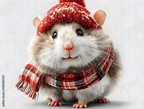 An adorable hamster wea a cozy red knit hat and scarf smiles sweetly for the camera in a winter holiday scene.
