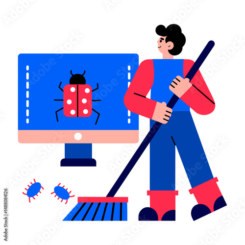 A flat style illustration showing a character cleaning malware