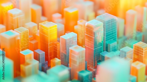 Abstract Geometric Cityscape with Colorful 3D Blocks in Orange, White, and Teal Tones

