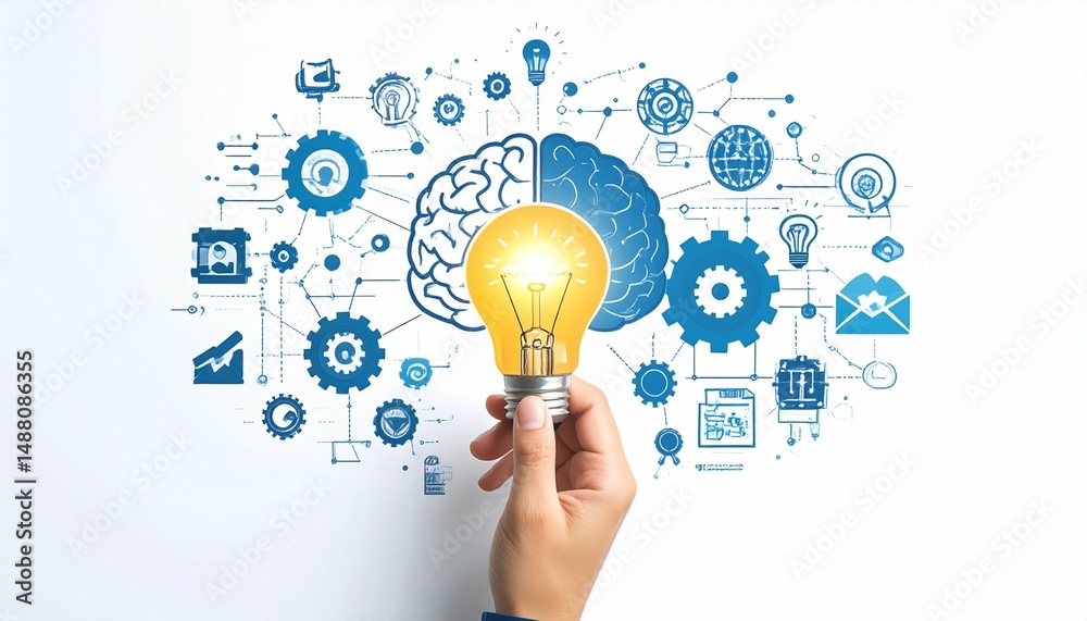 Creative brainstorming concept with hand holding glowing lightbulb in front of brain illustration split into business and dream elements on white Creative brainstorming concept with hand holding glowing lightbulb in front of brain illustration split into business and dream elements on white