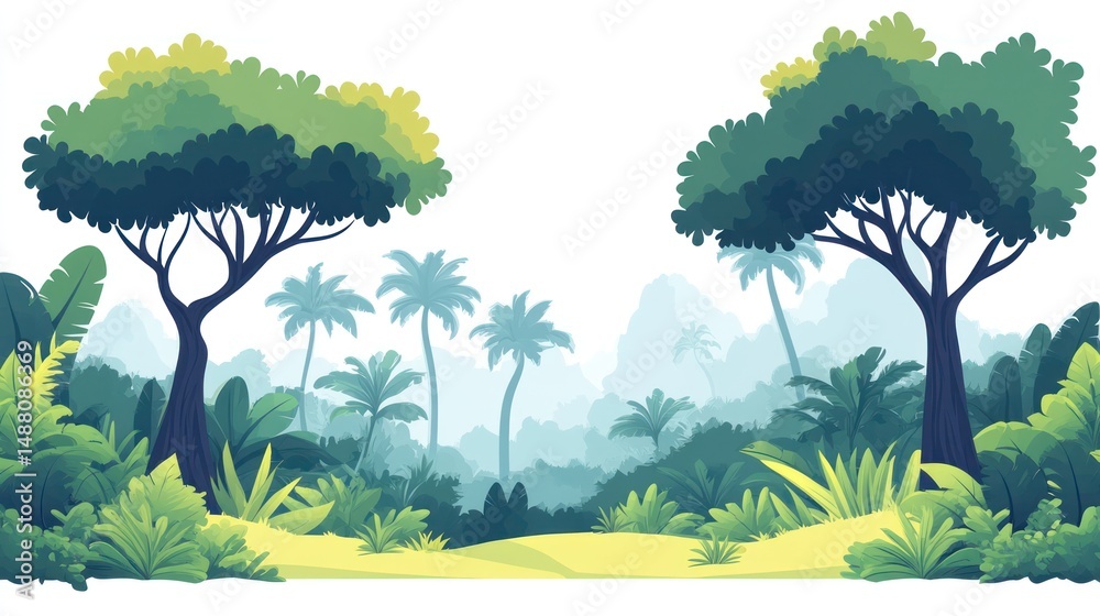 Obraz premium Illustration of Tropical Jungle with Trees and Plants