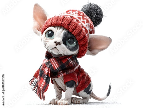 An adorable Sphynx kitten wea a red knitted hat and scarf sits against a white background looking directly at the viewer.