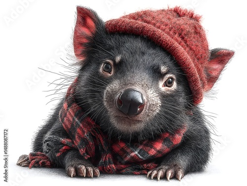 A cute Tasmanian devil wea a red knitted hat and plaid scarf poses against a white background.
