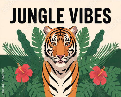 Majestic Tiger in Tropical Foliage – Jungle Vibes Vector Art.