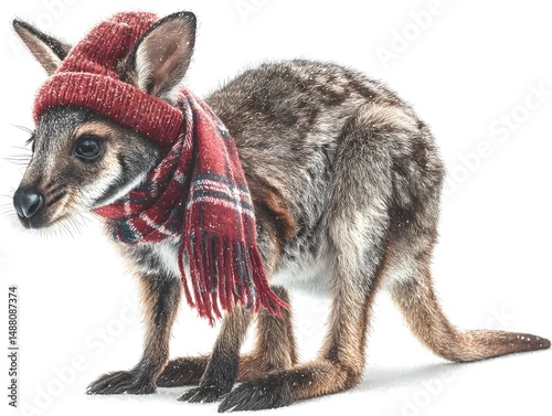 An adorable baby wallaby wea a cozy red knit hat and scarf stands against a snowy white background.