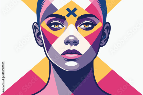 Generate a vibrant abstract portrait of a face, rendered in hot pink, with prominent 'X' marks over the eyes.  The style should be bold and expressive.