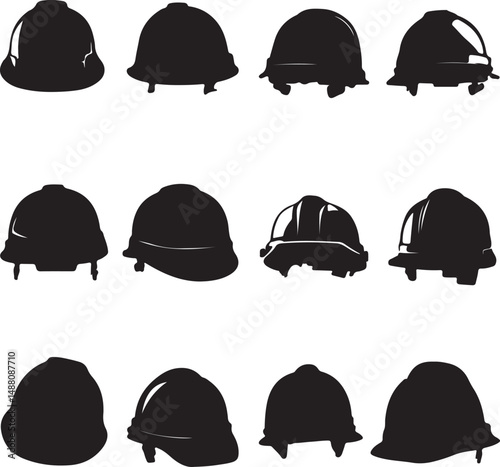 Construction Safety: Vector Silhouette Set of Hard Hats & Helmets for Building, Industrial Work, and Workplace Protection Graphics