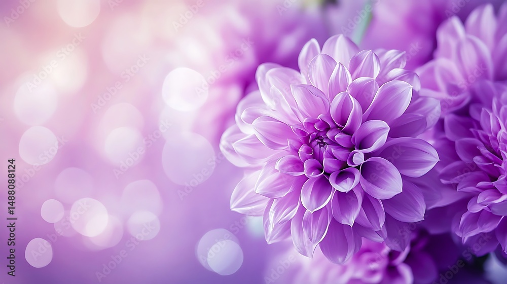 Obraz premium Beautiful Purple Dahlia Flowers in Soft Focus with Sparkling Bokeh on Pink and Lavender Background 