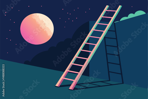 Surreal abstract painting broken ladder ascending towards a glimmering, unseen goal; fragmented, textured surfaces, muted color palette.