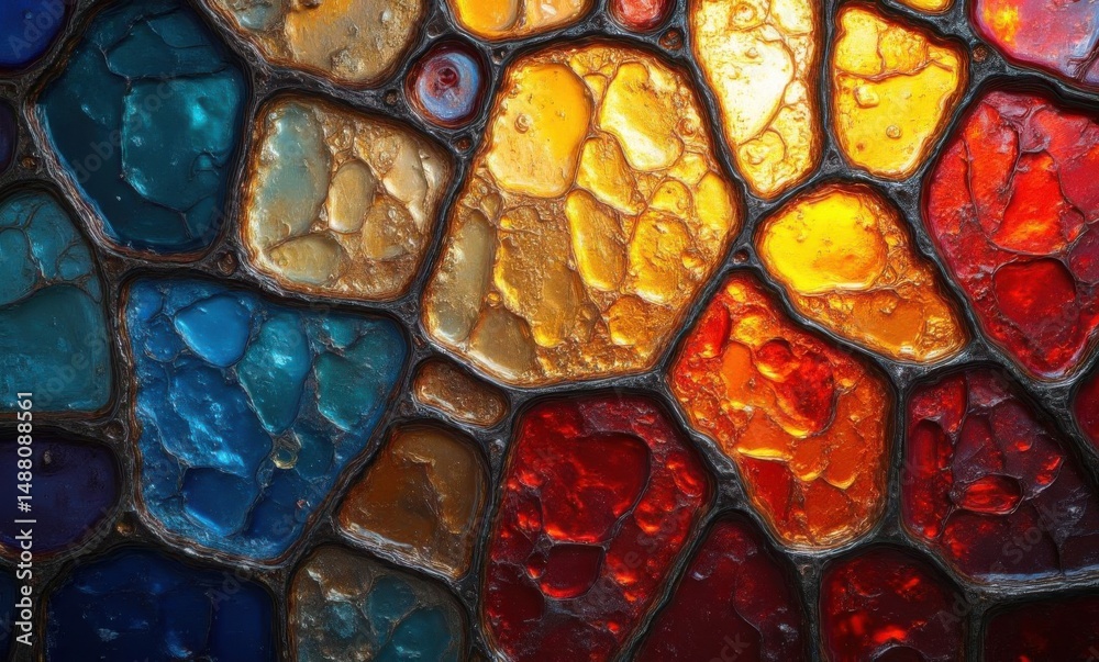 Vibrant stained glass mosaic showcasing warm reds and cool blues, creating a stunning light display. Vibrant stained glass mosaic showcasing warm reds and cool blues, creating a stunning light display.