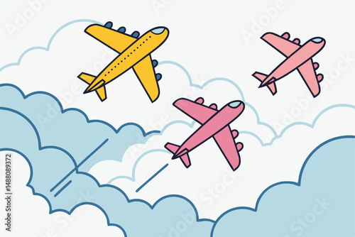 Cartoon airplanes soaring through fluffy, whimsical clouds in a bright blue sky; vibrant, playful illustration.