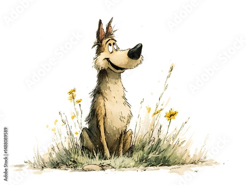 A happy cartoon dog sits in tall grass and wildflowers looking hopefully towards the sky with a joyful expression.