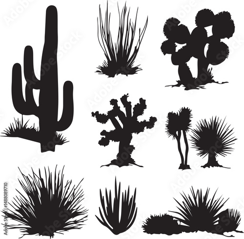 Desert Plant Silhouettes: Vector Illustration of Cactus, Yucca, and Desert Shrubs for Graphic Design and Southwestern Decor Projects