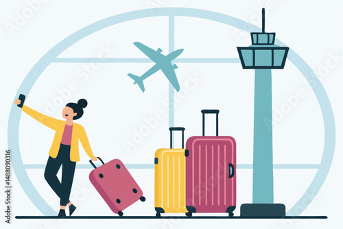 A vibrant airport selfie corner showcasing fun, quirky travel props like oversized sunglasses, hats, and inflatable globes.  (1) indicates a series.