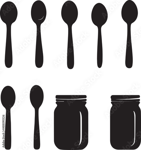 Black and White Vector Illustration of Spoons and Jars: Kitchen Utensils, Food Preservation, Cooking, Dining, Graphic Design Element, Silhouette Art