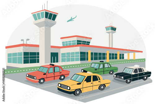 Vibrant retro-styled taxis queue in a busy airport taxi area, showcasing diverse colors and vintage designs.