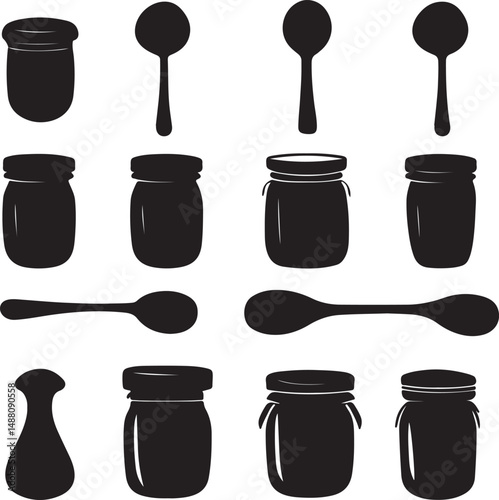 Black and White Vector Illustration of Jars and Spoons: Silhouette Style, Kitchenware, Food Storage, Cooking, and Culinary Design Elements