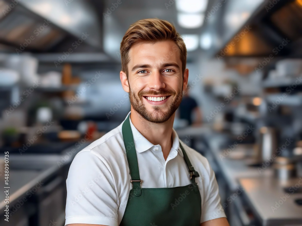 Fototapeta premium Smiling young man wearing apron in professional kitchen. Confident chef or waiter.