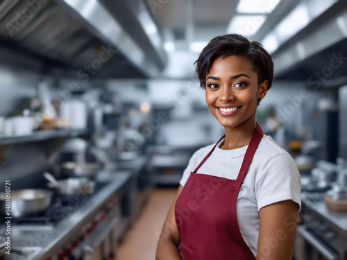 Young woman chef smiling in industrial kitchen. Female cook, professional vibe.