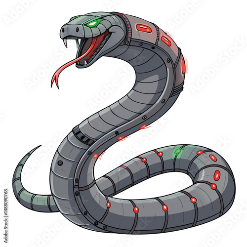 A futuristic mechanical snake, segmented metallic armor plating, glowing red laser eye, detailed texture, sci-fi aesthetic.