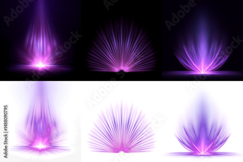 Soft radiant purple glow light burst set with abstract gradient flares and symmetrical petal-like formations, isolated on black background, for magical energy, fantasy flame, and spell effect design u photo