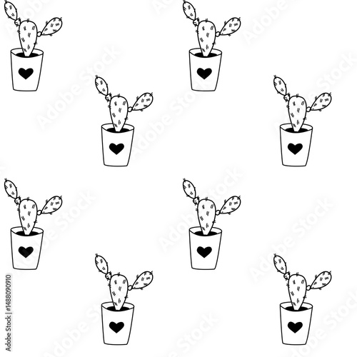 Minimal black and white seamless pattern with hand-drawn cactus plants in heart-decorated pots. Perfect for coloring pages, eco-packaging, or textile design.