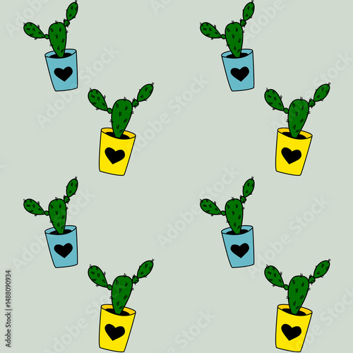 Seamless pattern with cute cacti in alternating yellow and blue heart-decorated pots. Fun and playful design for kids, fabric, or eco-themed products