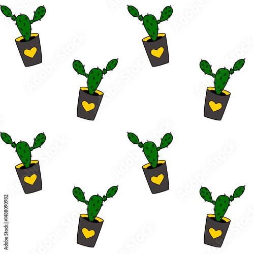 Eco-friendly seamless pattern featuring hand-drawn cactus plants in pots with heart icons on a clean white background. Perfect for green living and products.