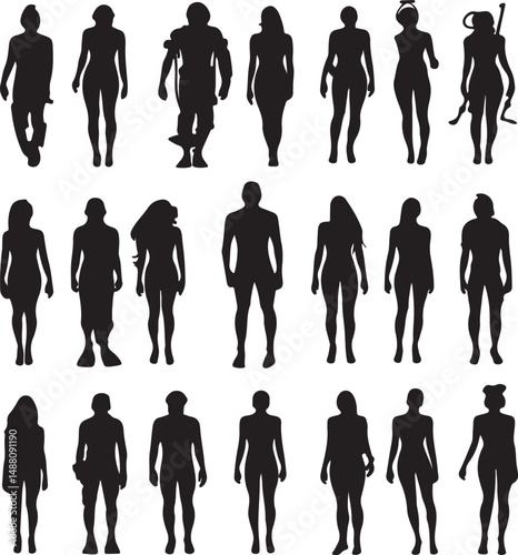 Silhouette People Vector Art: Diverse Crowd of Figures, Human Shapes, Standing Silhouettes, Vector Illustration, Graphic Design Element