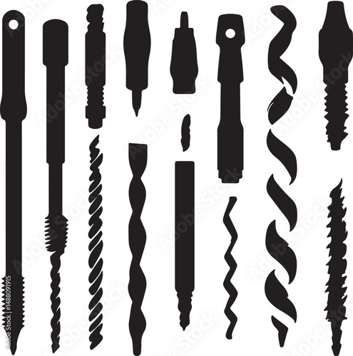 Black and White Silhouette Illustration of Various Ice Fishing Auger Drill Bits for Cutting Holes in Frozen Lakes and Rivers for Winter Angling