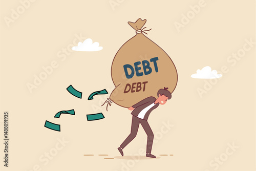 Debt burden, financial obligation or loan payment, heavy load of money failure, mortgage or borrowing money problem concept, tried businessman carrying big debt money bag losing money banknotes.