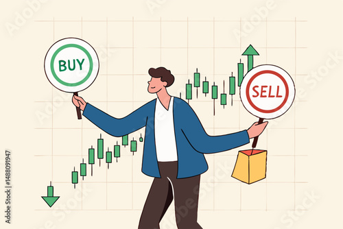 Buy or sell in stock market and crypto currency trading, investment decision, wealth management or financial concept, businessman investment analyst holding buy or sell sign with candlestick chart.