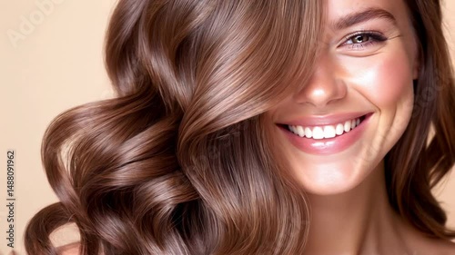 Portrait of young happy woman with wavy curls styling, professional salon hair care, growth and healthy shine, stylish hairstyle