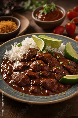 Mole Poblano, traditional Mexican sauce with rich blend of chocolate, chili peppers, and spices, authentic cuisine, complex flavors, Mexican food heritage, classic recipe









