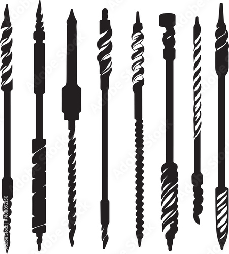 Silhouette Vector Art of Auger Drill Bits: Woodworking Tools for Drilling Holes, Construction Equipment, and Carpentry Projects Graphics